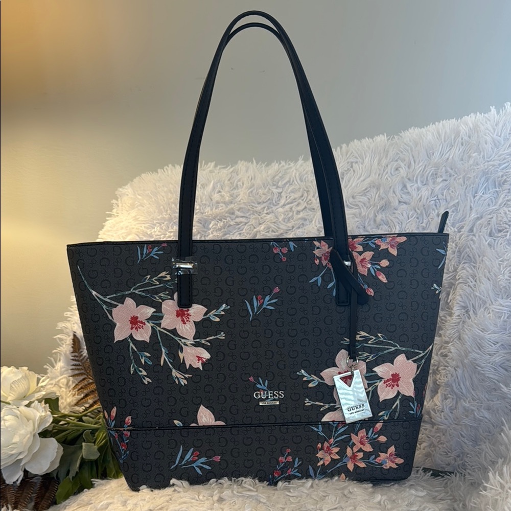 Guess Black and Pink Floral Tote Bag
